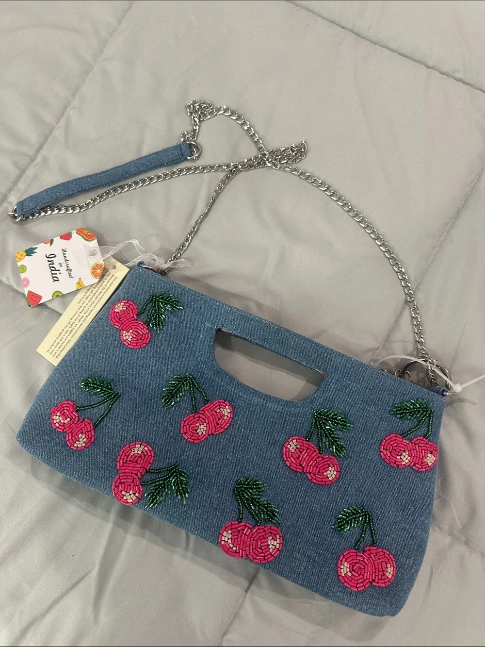 Denim Cherry Beaded Clutch with Chain Strap - Blue